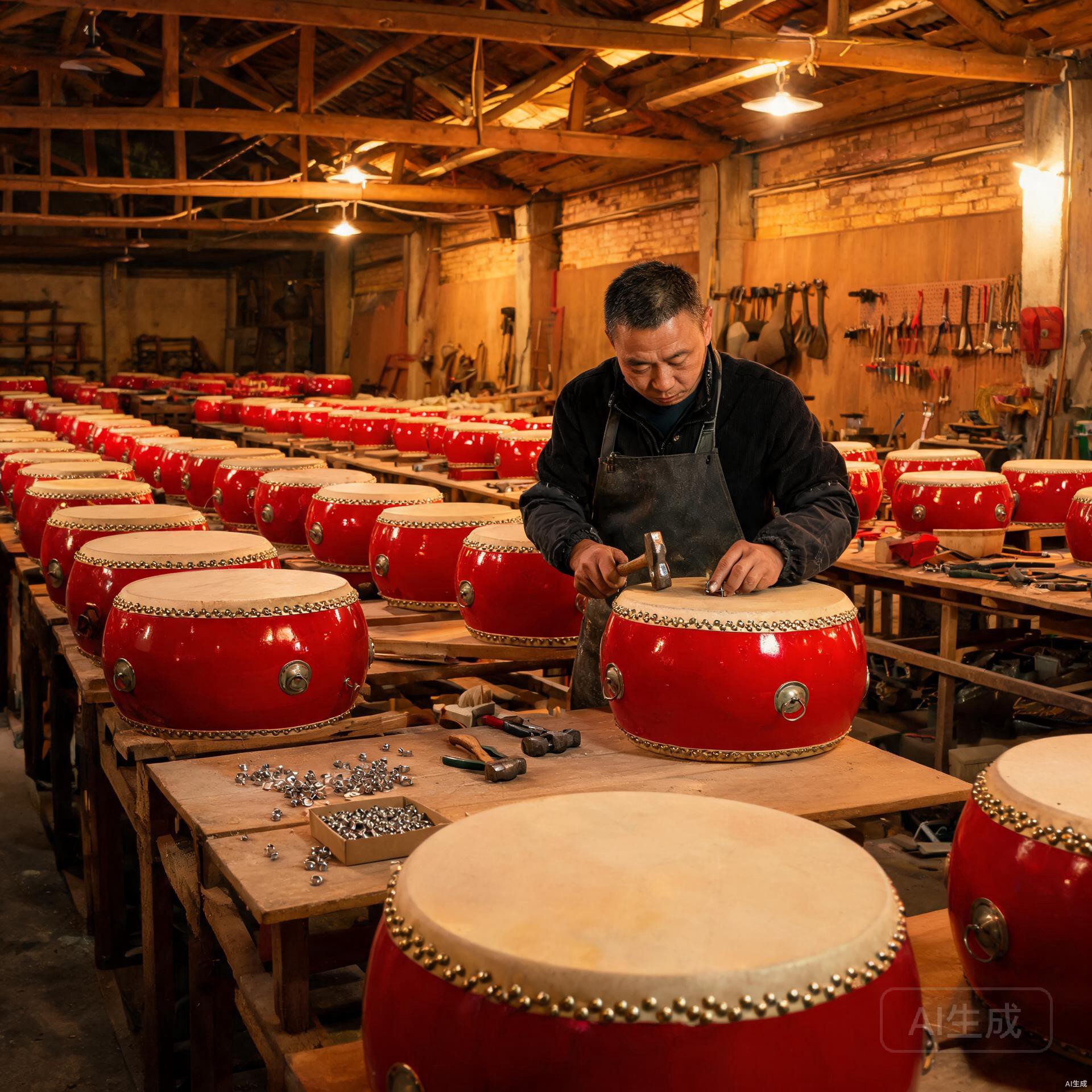Chinese drum workshop assembly area with red lacquered drum barrels and craftsman attaching metal hardware