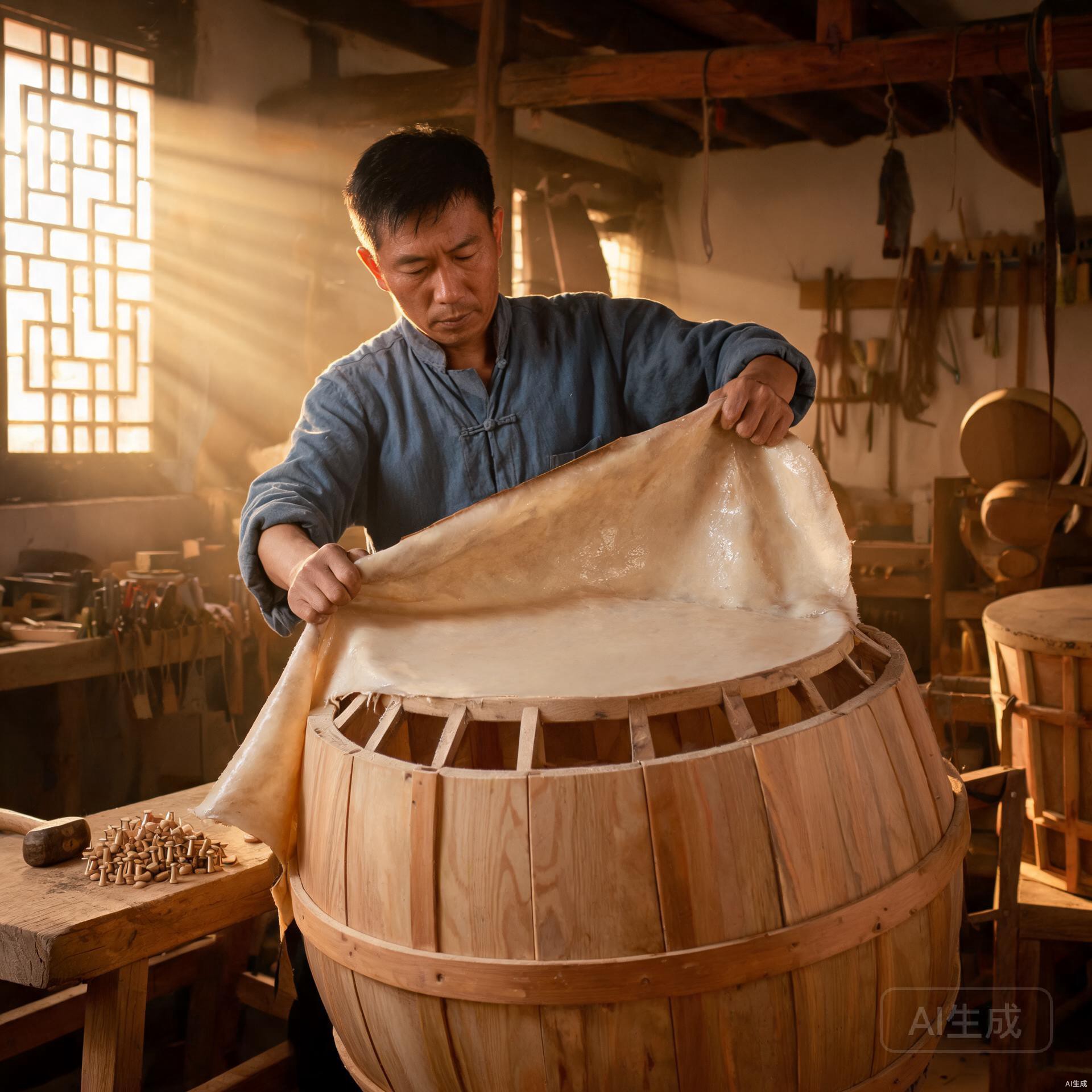 Chinese drum craftsman stretching natural cowhide over a wooden barrel drum frame in a traditional workshop
