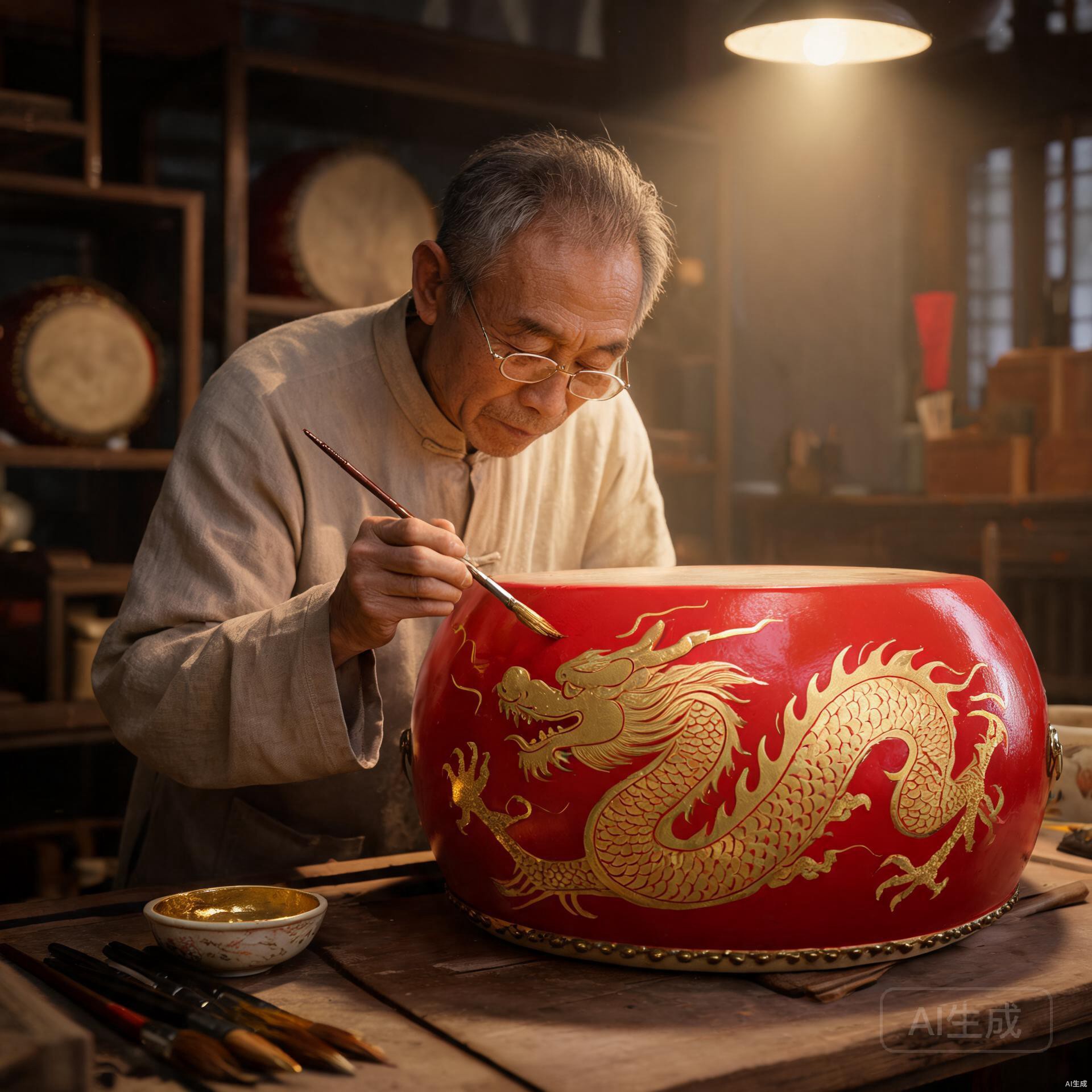 Chinese drum craftsman hand-painting golden dragon patterns on a red lacquered drum body
