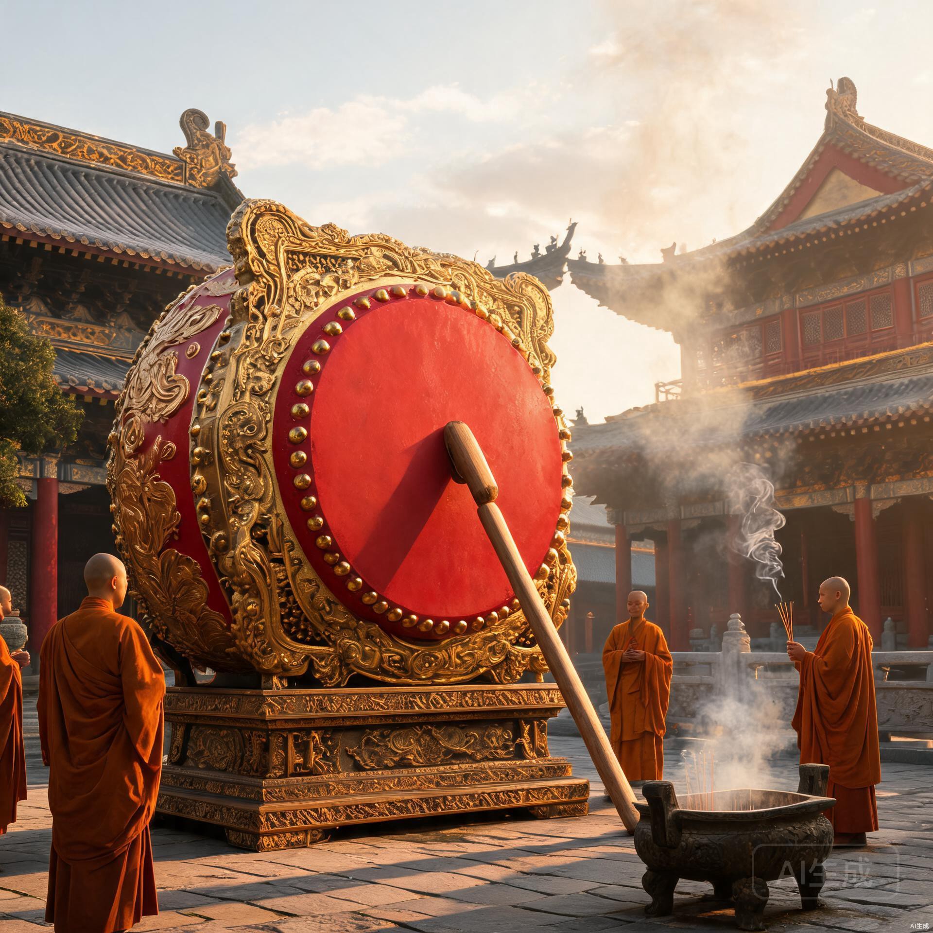 Large ceremonial drum at a Buddhist temple with monks and incense smoke