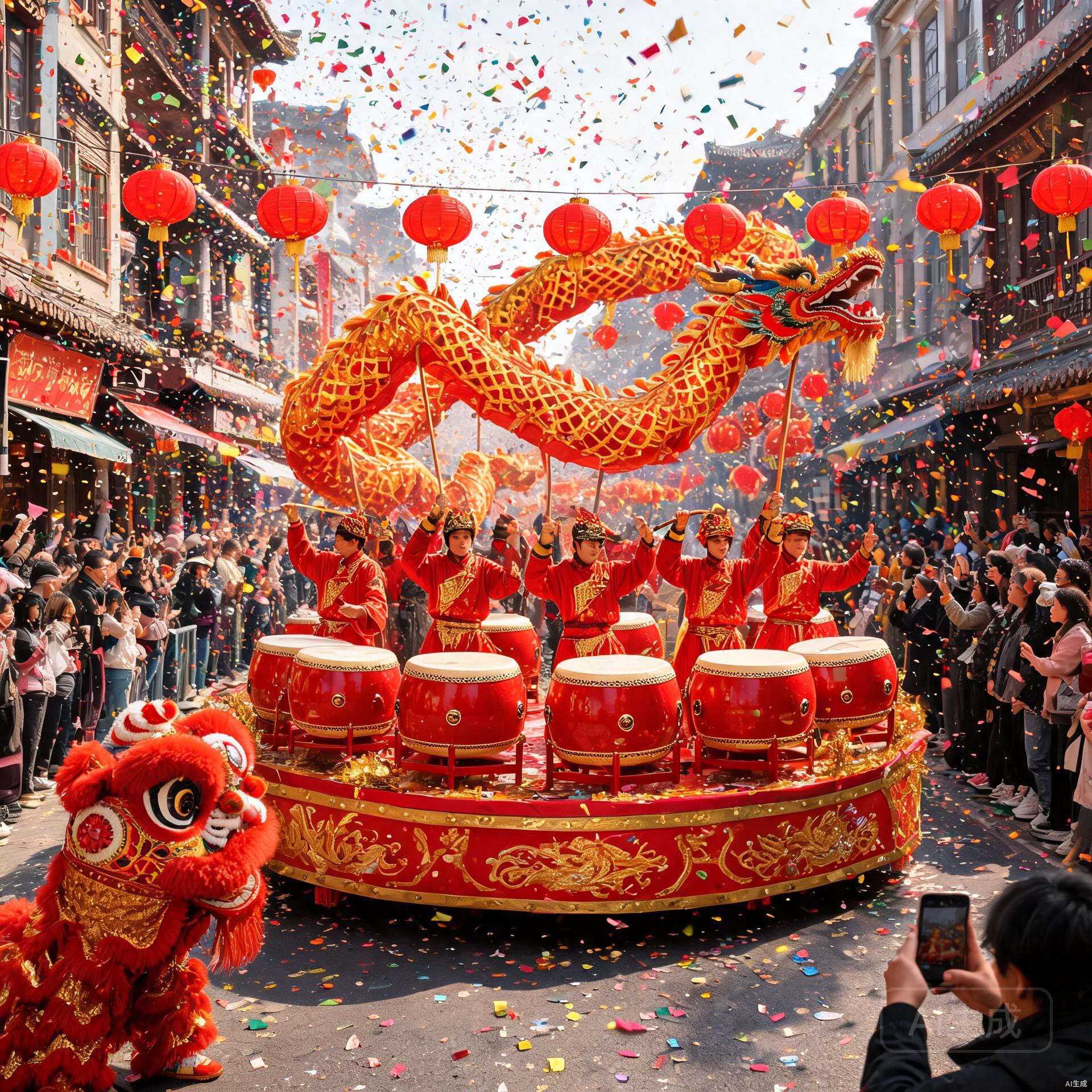 Chinese cultural festival parade with drummers, dragon and lion dance teams, and decorated floats