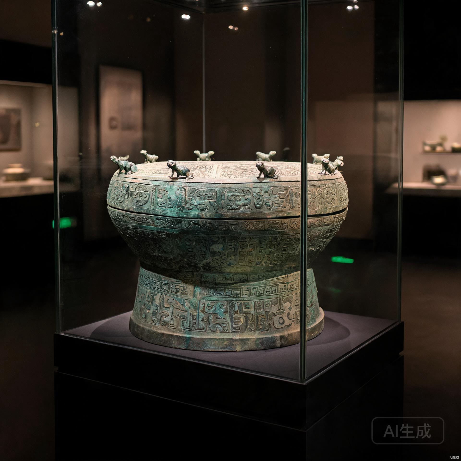 Ancient Chinese bronze drums on display in a museum with weathered patina and tribal patterns