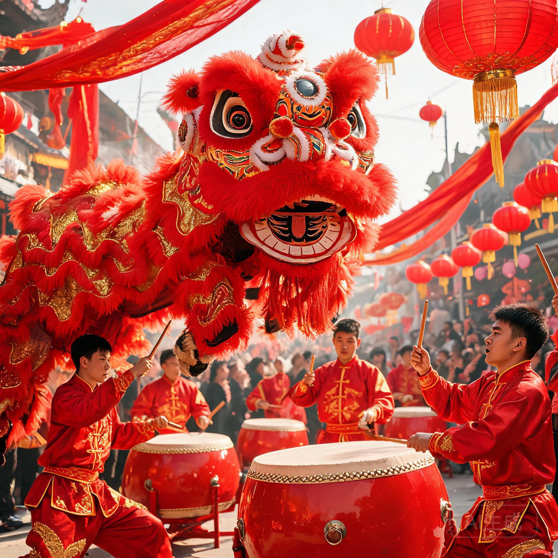 Lion dance performance with drummers playing red lion dance drums at a festival