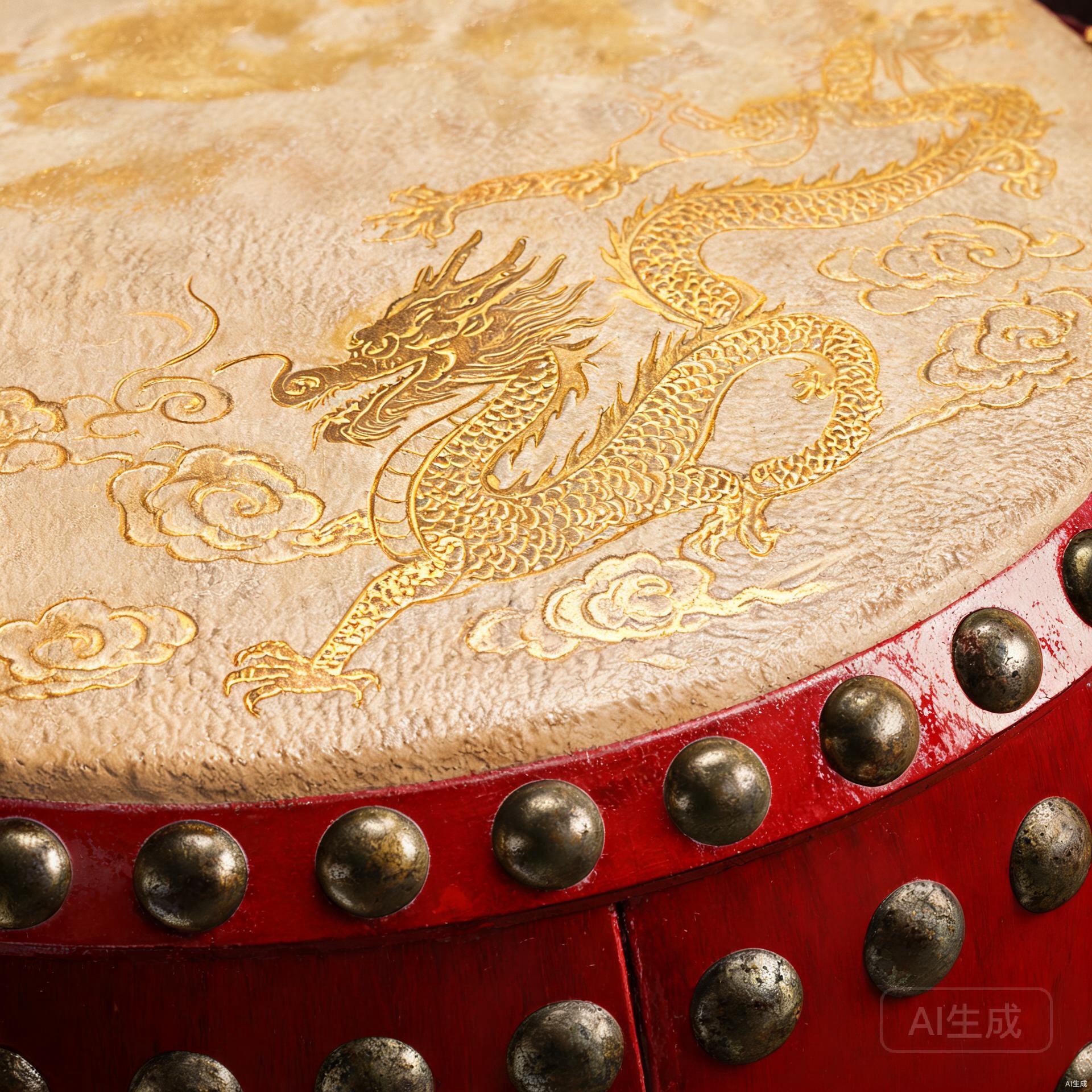 Close-up of lion dance drum surface with hand-painted gold dragon patterns on red lacquered wood