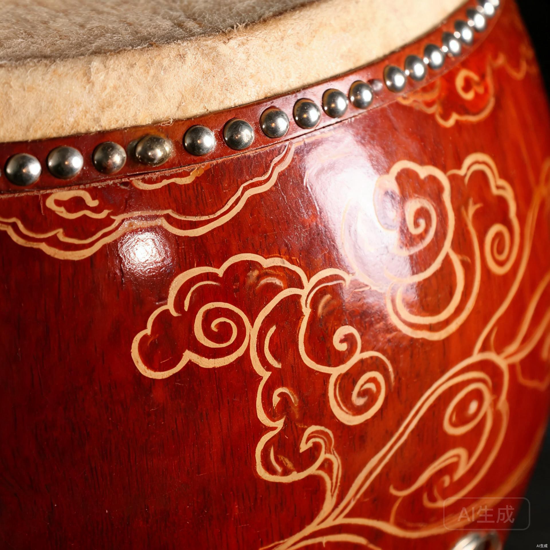Close-up of tanggu drum body showing reddish-brown lacquered wood with ruyi cloud patterns and metal studs