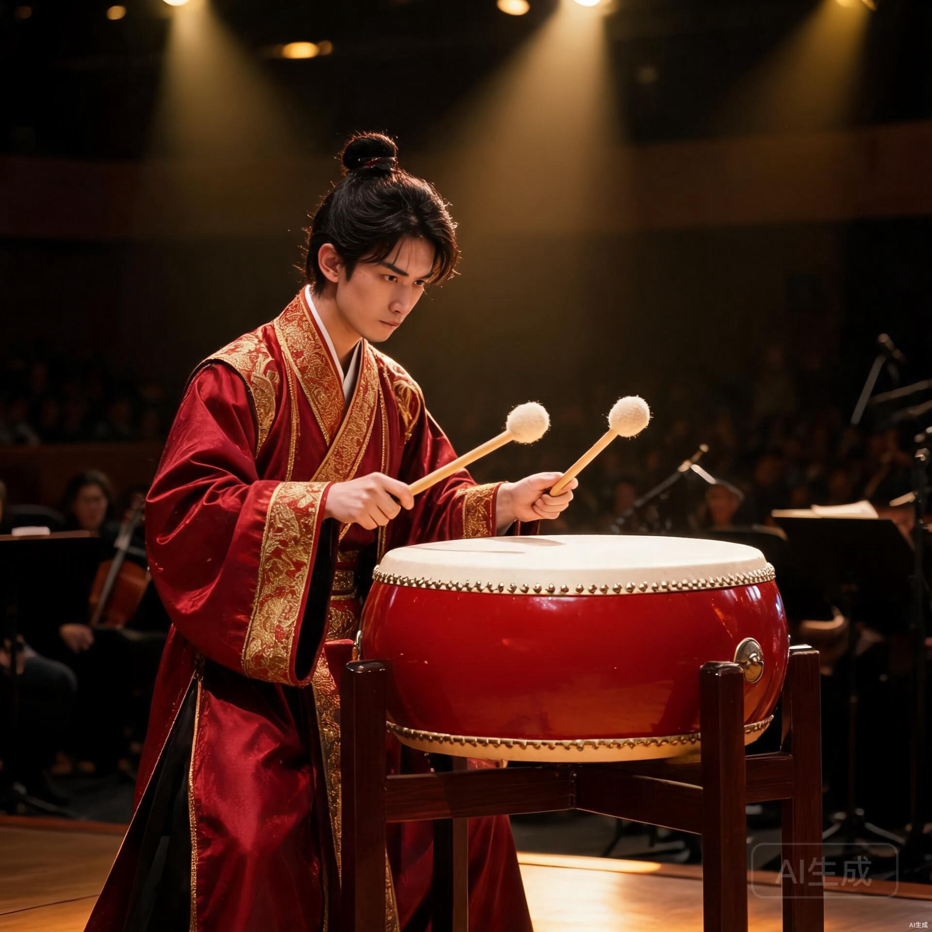 Musician playing a tanggu hall drum on stage in a traditional Chinese orchestra performance
