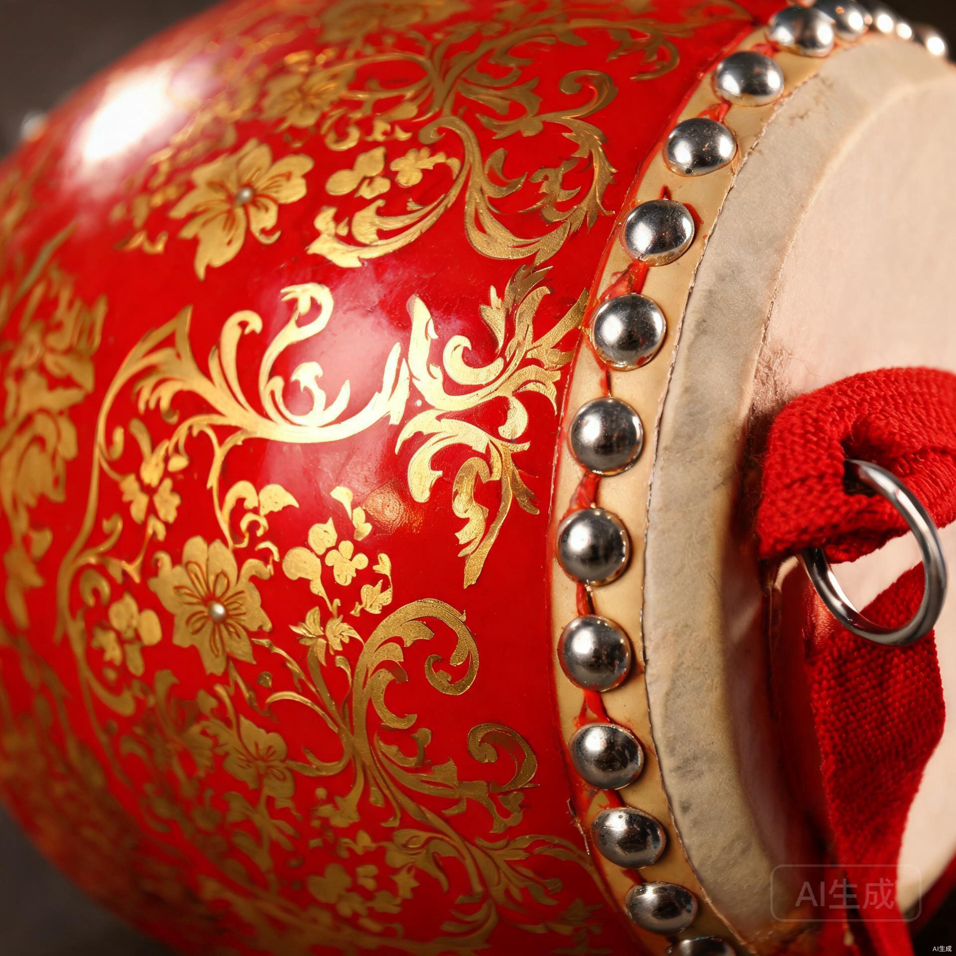 Close-up of waist drum body showing red lacquered surface with gold floral scroll patterns and metal studs