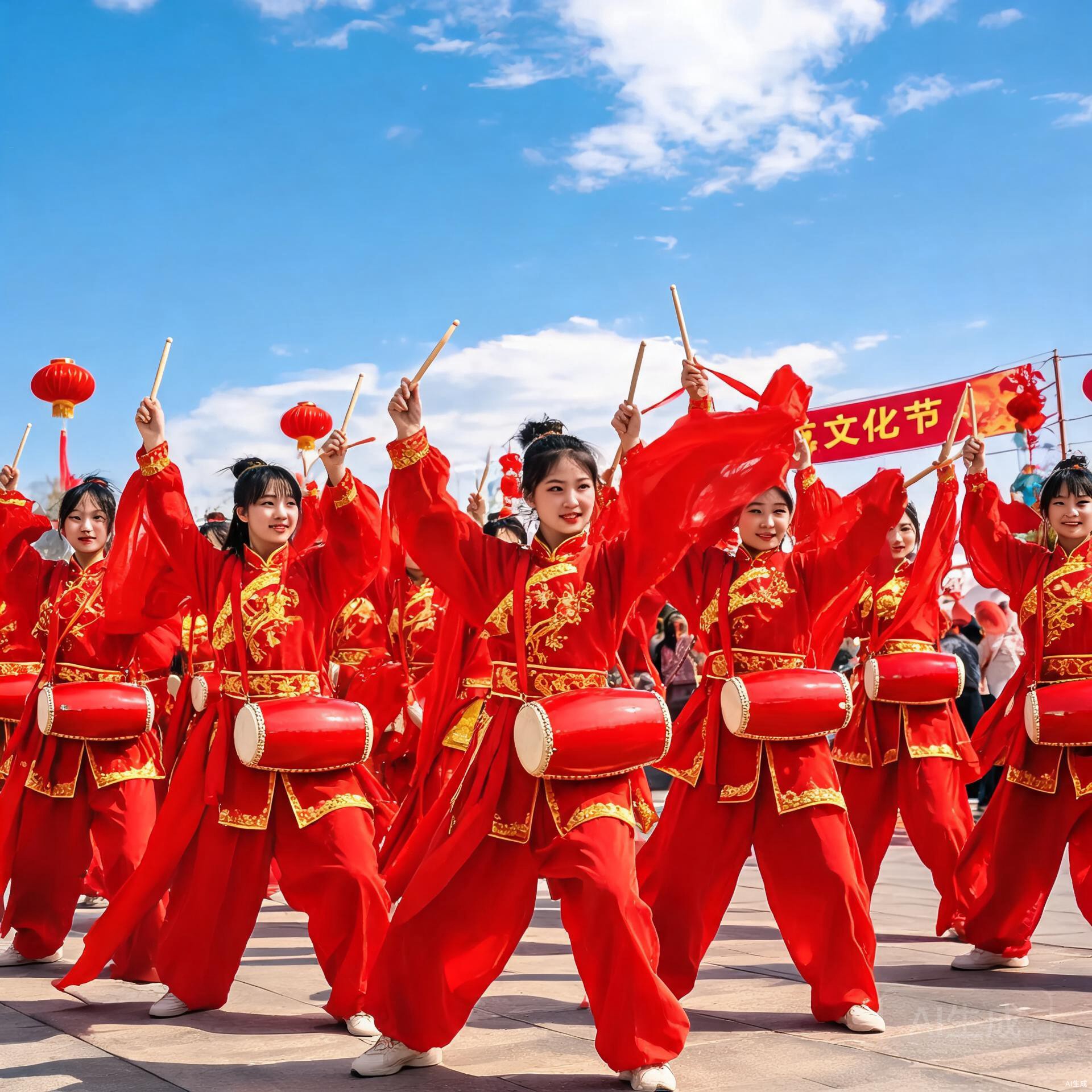 Group of Chinese students performing with red and gold waist drums at a cultural festival